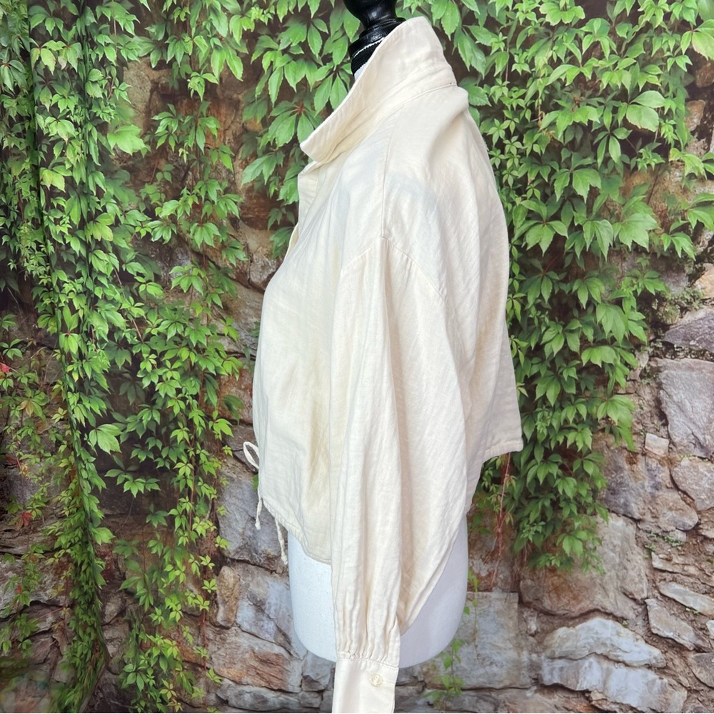 DREW Tan Button Front Quiet Luxury Drawstring Cropped Blouse, S - Picture 6 of 10